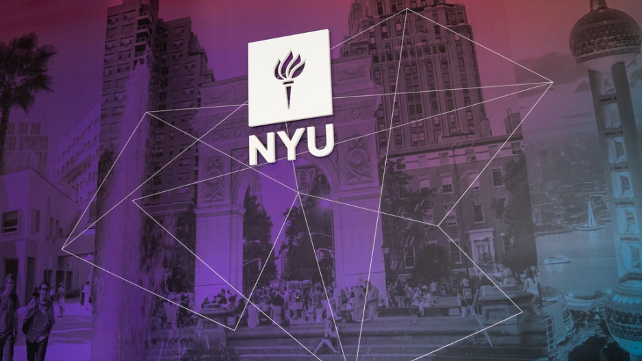 An NYU logo graphic on a wall mural showing international locations