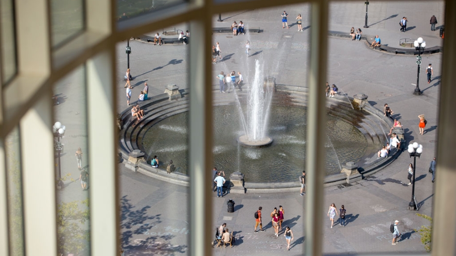 A view of Washington Square Park fountain from Kimmel Center