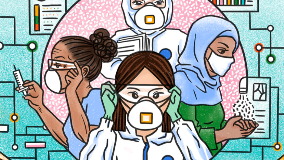 A cartoon drawing of four women in a circle wearing protective masks. One is washing her hands, one is holding a syringe, one is putting on protective glasses and one is holding papers.