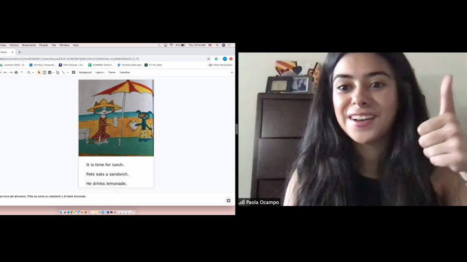 A Zoom screenshot: on one side of the screen, Paola is holding up her thumb. The other side shows a page of a "Pete the Cat" book.