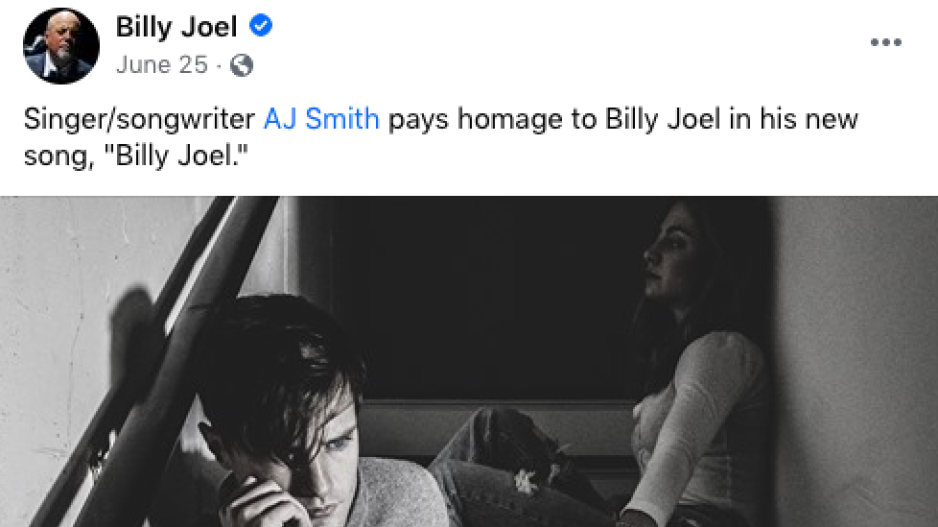 Screenshot from Billy Joel's June 25, 2020, Facebook post: "Singer/songwriter AJ Smith pays homage to Billy Joel in his new song, 'Billy Joel.'" The post includes a photo of Smith on a staircase with a woman in the background.
