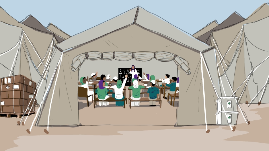 Tent classroom with students facing chalkboard raising hands