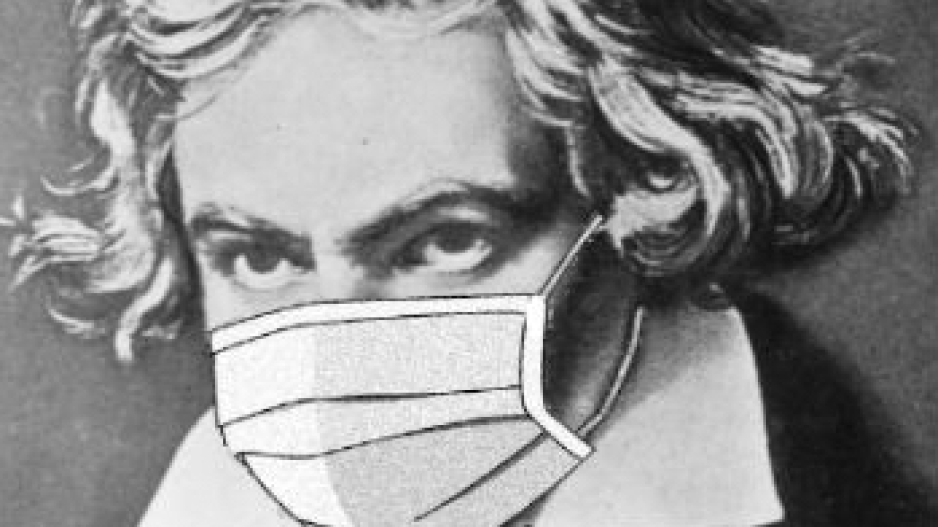 Beethoven wearing a protective face mask