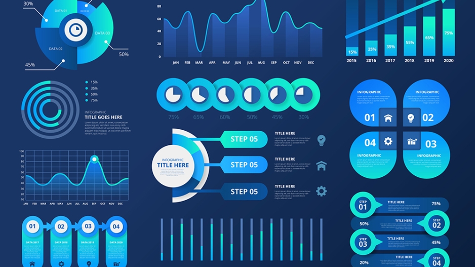 Illustration of dashboard sample with infographics and graphs
