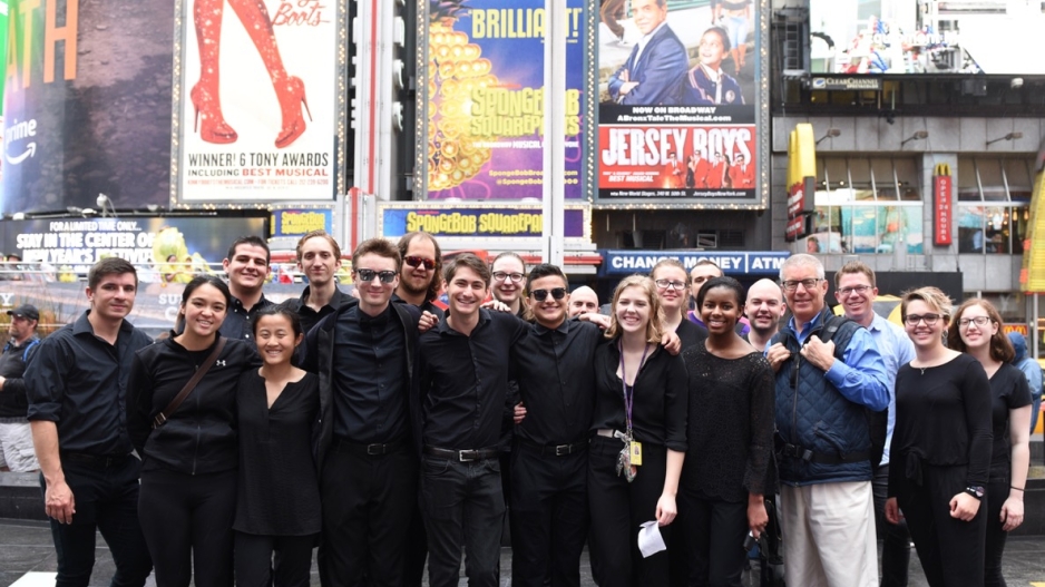 Broadway Percussion Students in front of Jersey Boys Marquee