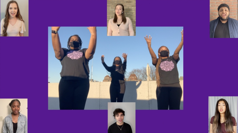 collage of images of people singing and dancing on purple background