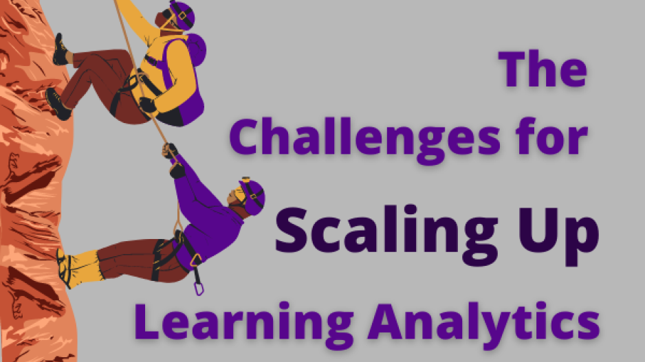 The challenges for scaling up learning analytics (two people climbing up side of moutain)