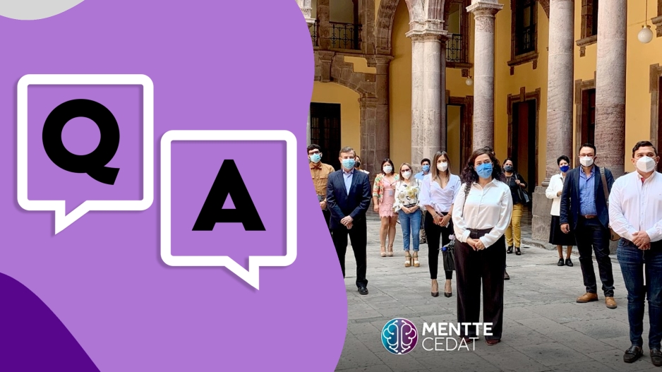 A photo of the staff of Mentte Cedat in masks next to a purple shape with "Q&A" written on top