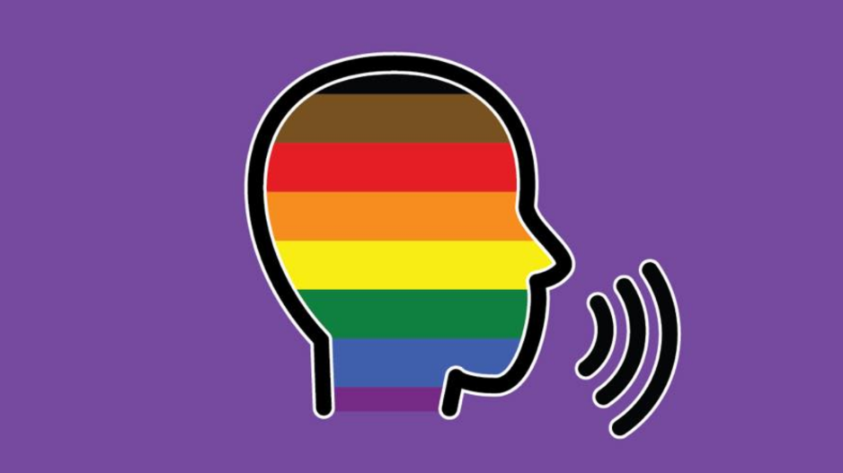 An outline of a person's profile is filled with stripes the color of the rainbow. There are curved lines in front of the person's profile indicating sound. The background is a shade of purple.