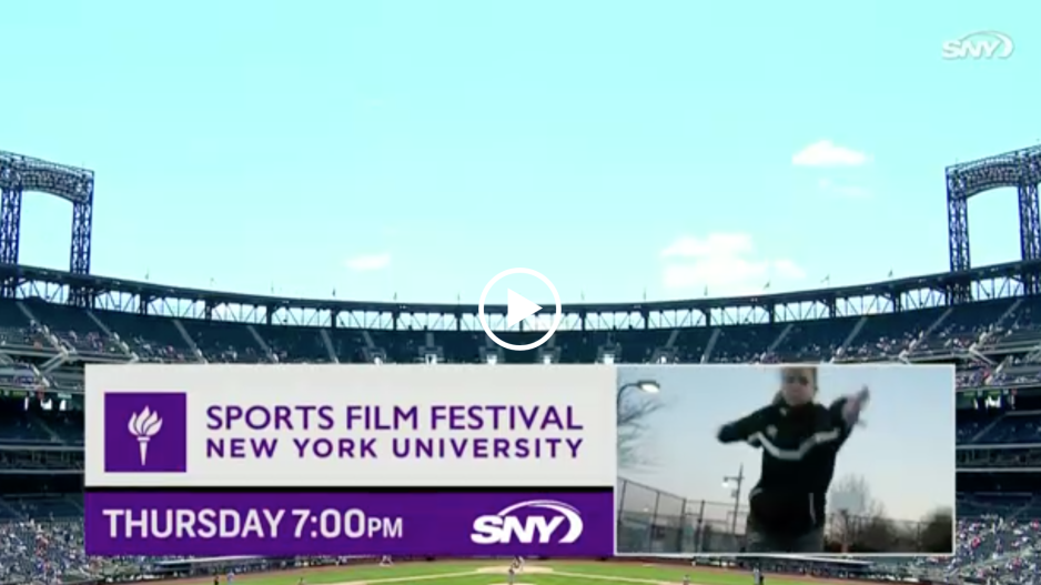 "Sports Film Festival NYU" logo, SNY logo, Thursday 7pm and a blurry photo of a female athlete superimposed on a photo of CitiField