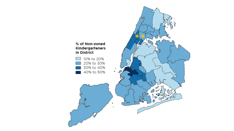 Map of NYC showing that non-zoned public schools are more popular than charter schools. 