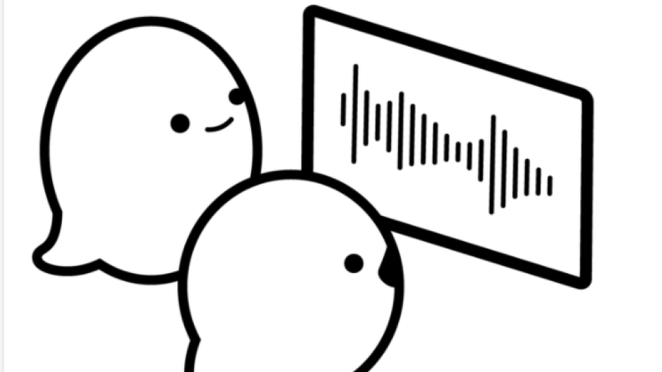 Cartoon of two speech bubbles drawn to have faces. One is a parent and one is a child and they are viewing a screen with a sound bite illustrated on it.