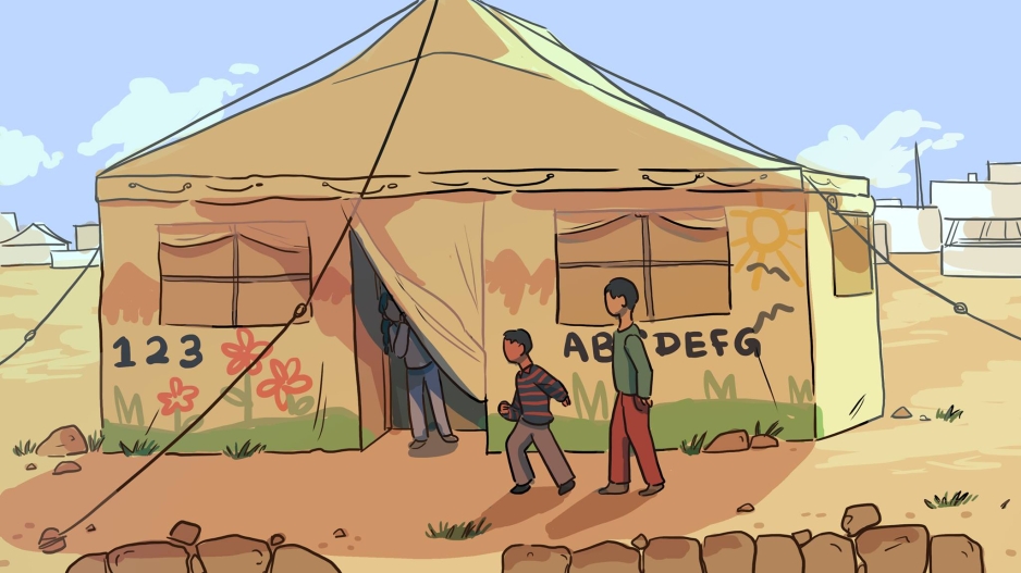 children in front of tent school