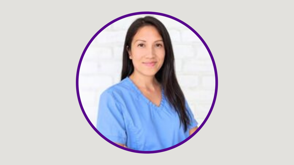 An image of Wendy Liang in scrubs in a purple circle frame on a gray background.