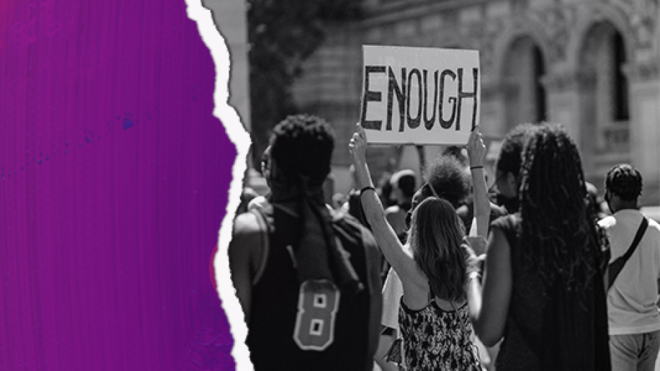 A black and white photo of a protest with one protestor holding a sign that reads "ENOUGH." The picture is slightly obscured by a purple gradient.