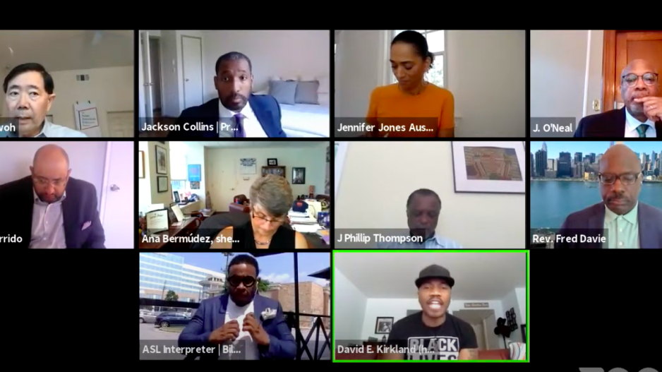 NYC  Racial Justice commission participants on Zoom with David Kirkland speaking