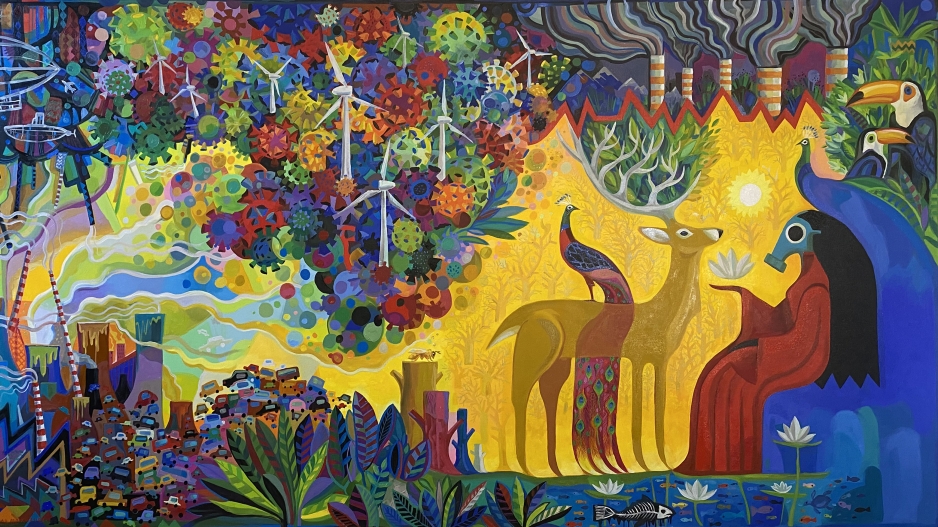 colorful painting of animals and trees 