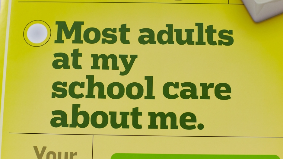 Image contains a yellow background with dark green text that states "Most adults at my school care about me"