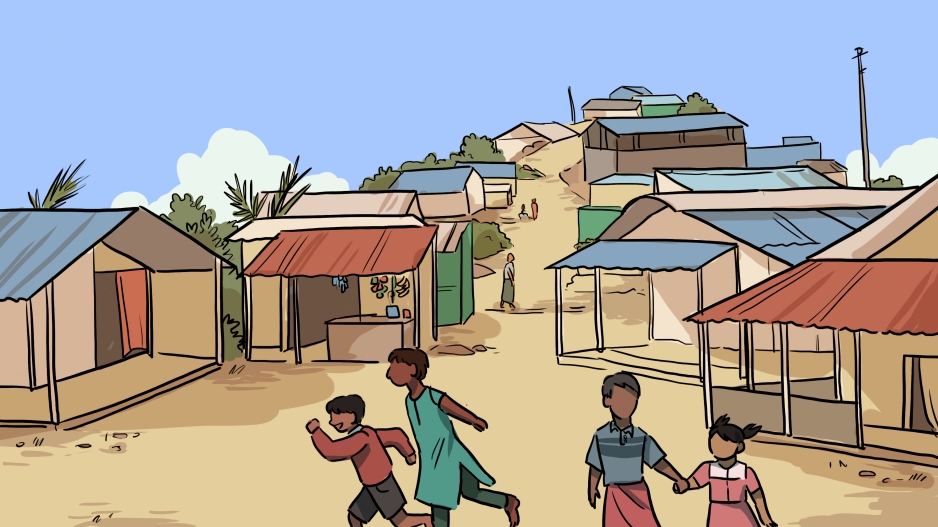 An illustration of four children playing in front of many colorful homes on a hill