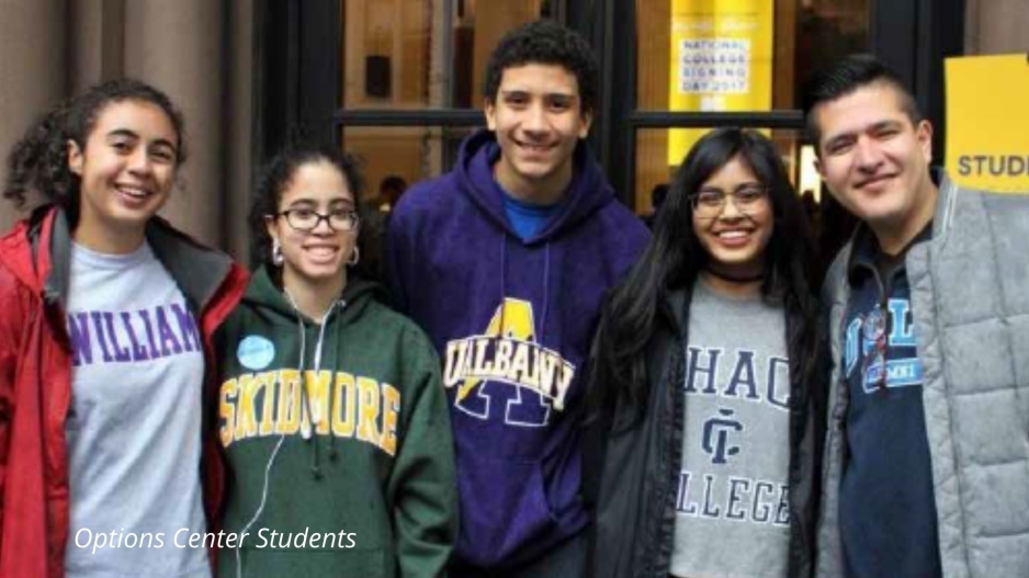 Five students stand side by side, smiling. They are each wearing a sweatshirt from different colleges and universities. 