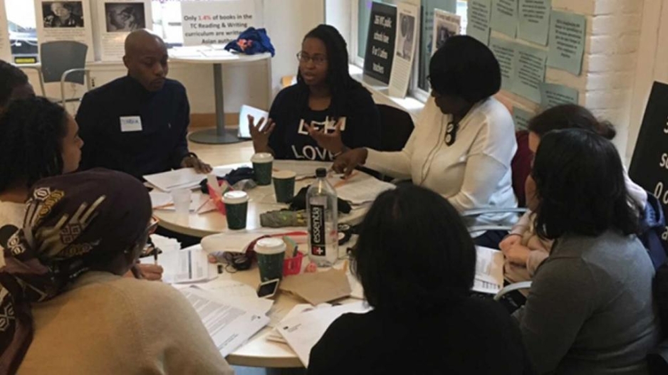 Dr. Leah Q. Peoples, Elzora Cleveland, Derrick Owens, and other parent leaders with the NYC Coalition for Educational Justice, score New York City curriculum