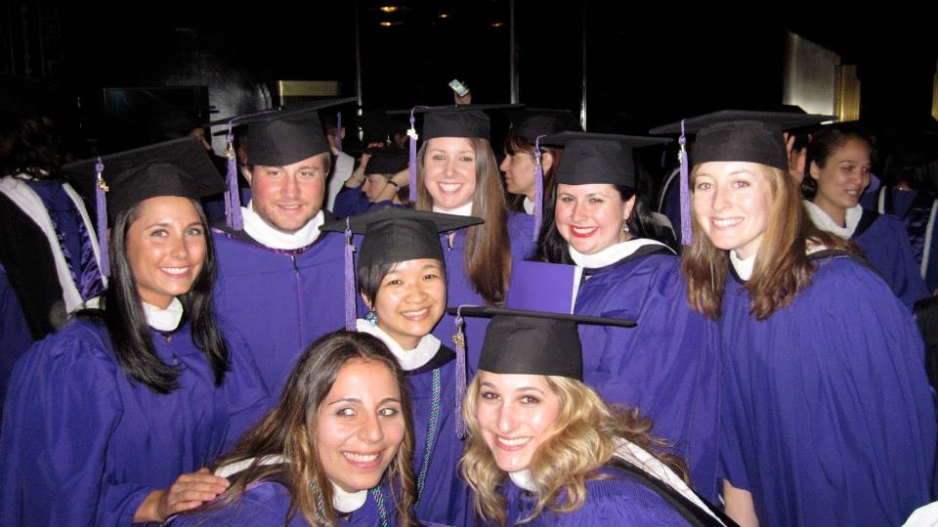 Parker Lynch and NYU Steinhardt graduates in purple robes and black mortar boards.