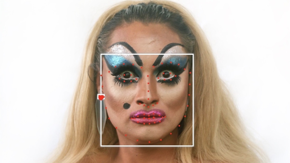 Image of a model using drag makeup techniques to confound facial recognition algorithms.