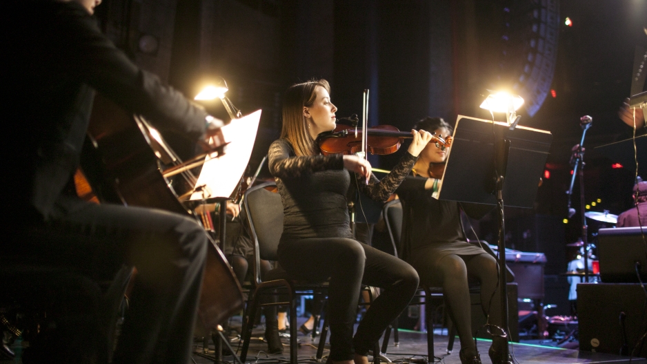 The strings section of an orchestra on stage