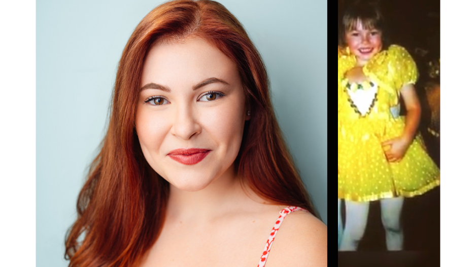 On the left is Chloe Savit's current headshot. On the right is a photo of her as a child.