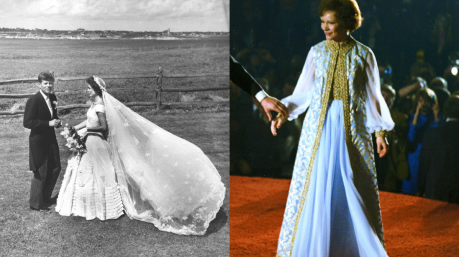 Images of Jacqueline (in gown) and Jack Kennedy and Rosalyn Carter in inauguration dress.
