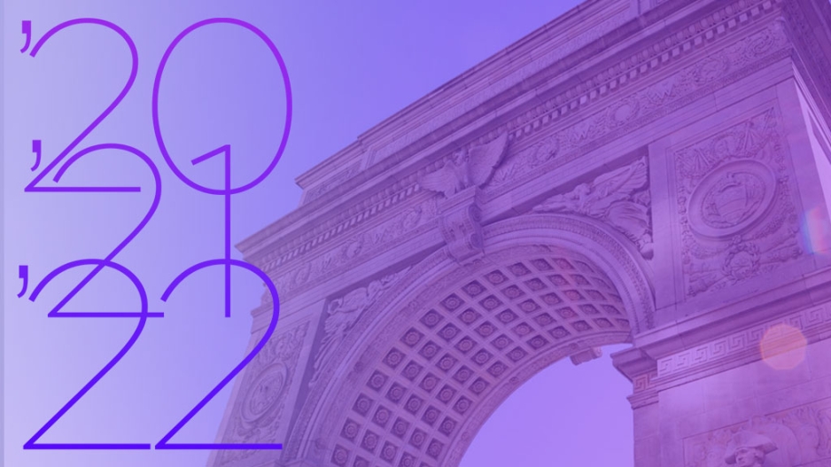 Washington Square Arch in purple with the years 20, 21, 22