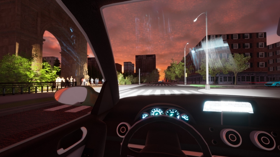 A still photo of an animated interior of a car driving through New York City.