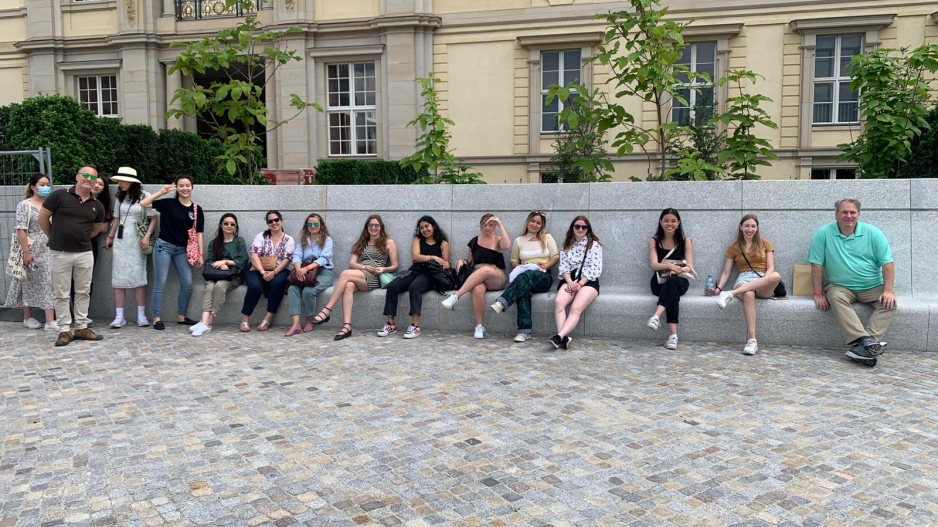 Students outside the Humboldt Forum on Museum Island in Berlin