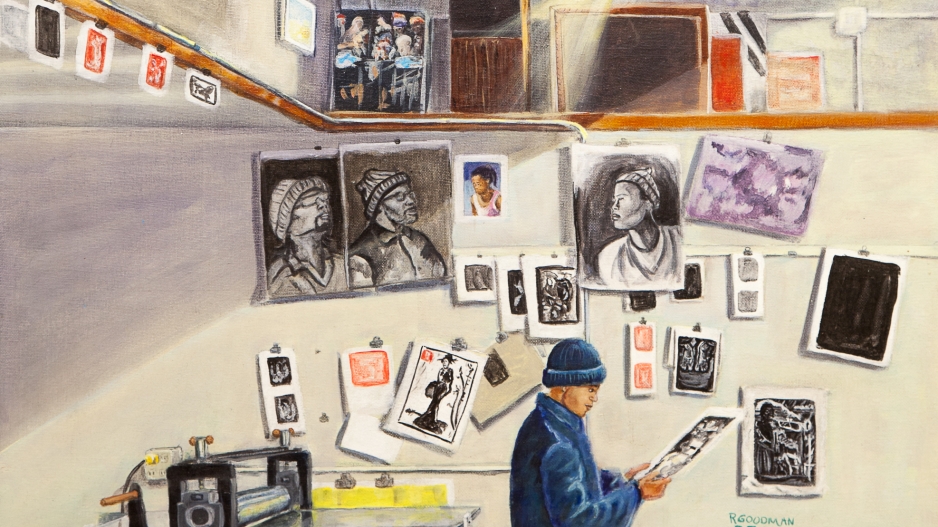 Illustration of an artist inmate working in his prison cell, a makeshift studio