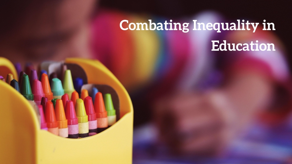 Combatting Inequality in Education; Crayons in foreground and student coloring in the blurred background