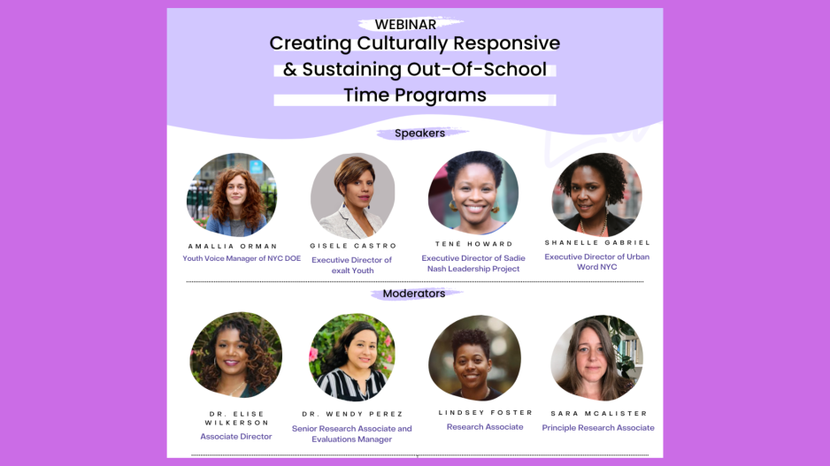Image of Purple Square with a light violet and white colored graphic box inside. The graphic features Black text that reads "Creating Culturally Responsive and Sustaining Programs. The graphic features photos of webinar participants