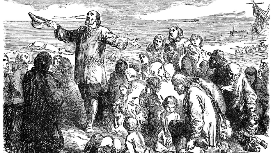 A drawing of a Puritan man lecturing a crowd. 