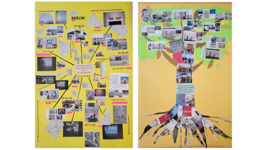 Two banners created by Art + Ed fellows; on the right a collage of photos is arranged around the central question against a yellow background; on the right, a collage of photos is arranged into the shape of a tree with branches, leaves, a trunk, and roots.