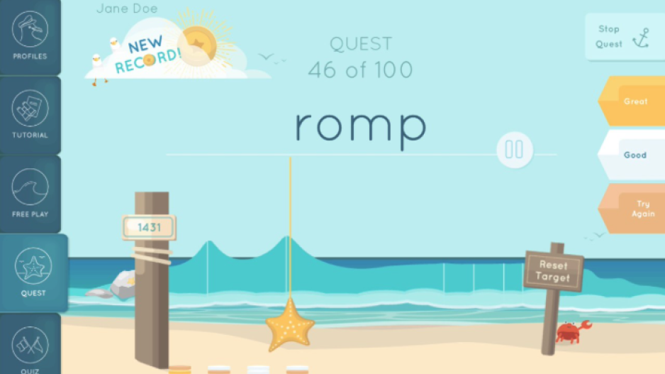 Display from the staRt app showing a user's pronunciation of the "r" sound in "romp"
