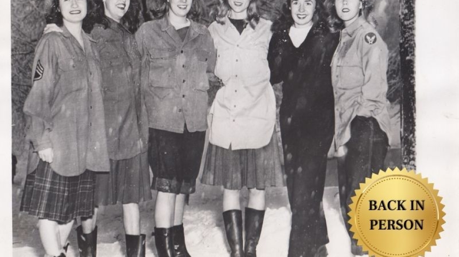 Students at Elmira College wear a mix of surplus WWII Army, Navy, and Marine uniforms in December 1945.