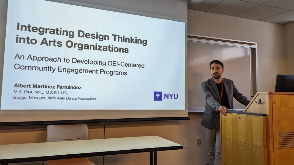 Albert Martínez (‘23) gives a presentation on his research, “Integrating Design Thinking into Arts Organizations: An Approach to Developing DEI-Centered Community Engagement Programs,” at the annual AAAE Conference.