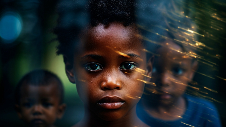 Image captures a photograph of 3 black children. An young elementary school aged girl stands in the middle, with a boy stand behinds behind her on the right, while still another younger boy stands behind her on the left. Only the young girl is centered in the photo. Both boys are lost to the outskirts of the image. The images is also covered in a reflective light that obscures the subject. The gilr in the middle of the photo looks straight ahead, while she wearing a skirt with purple shoulder straps.