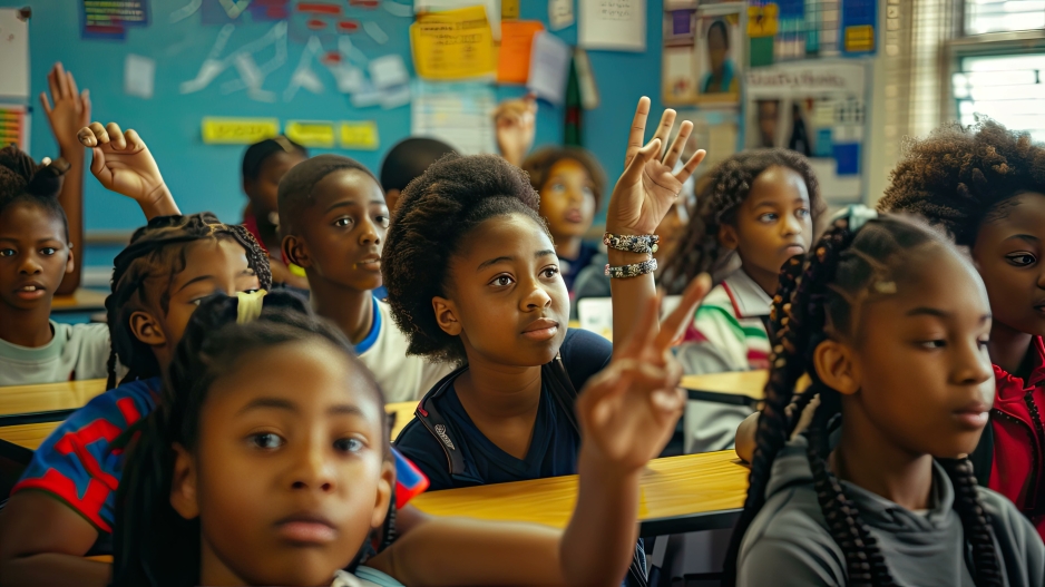 Image capture Black students in a public school classroom. The camera records at least thirteen African American students engaging with each other, and their teacher at the front of the classroom. The image is centered around Black girl who raises her hand to answer a question, while seated at her desk. She has is wearing a dark colored top.