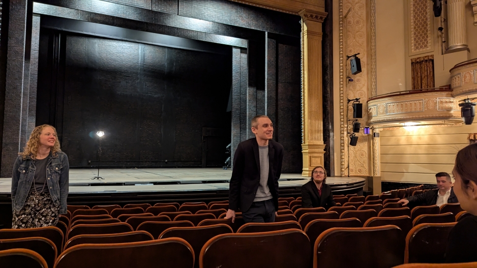  The site visit hosts and staff at the Shubert Organization have seated in the orchestra seats facing the students for a Q&A session