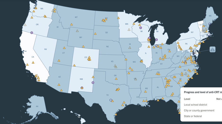 Image captures a static image of a dynamic, responsive map, which allows users to engage anti-CRT movements across the United States,. The image provides a full calendar view of the United States, inclusive of Alaksa, Puerto Rico, and other American islands. Gradients and contours in the map to convey volume and activity.