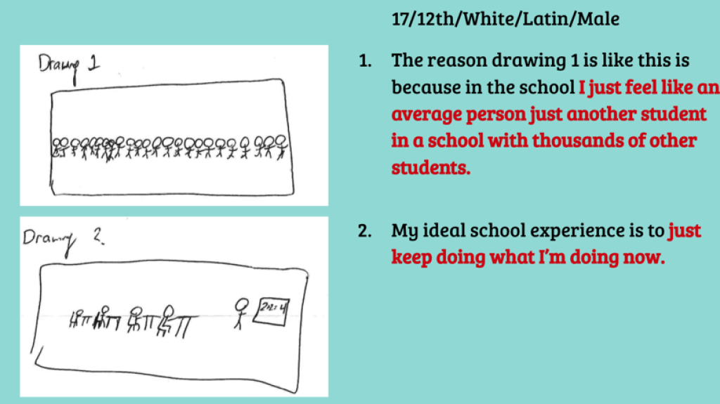 Drawing and excerpt of data that is evidence of white students generally feeling they were treated fairly