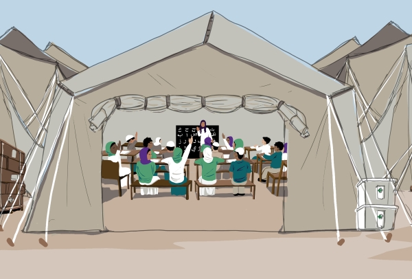 Illustration of classroom in a refugee camp