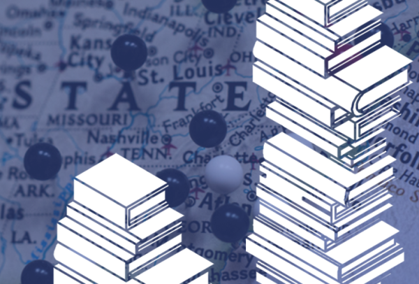 Two piles of books atop a U.S. map