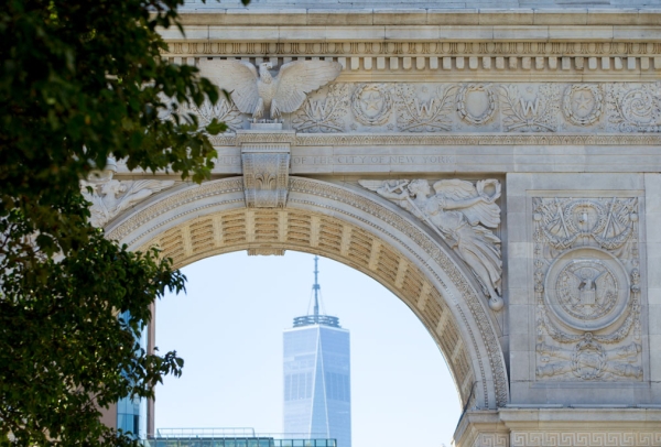 Washington square arch view looking south with the World Trade Center visible