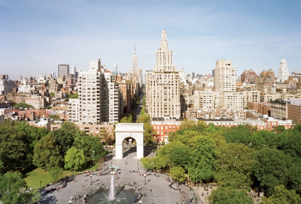 An aerial view of Washington Square Park looking north